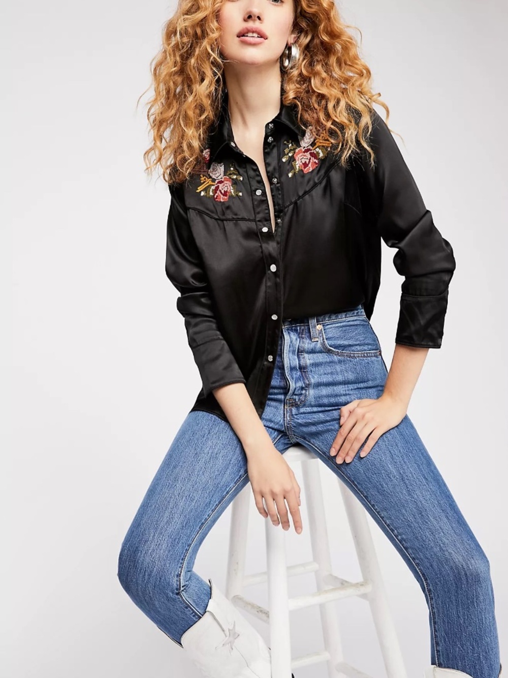 Free People 100% Silk Black Stitch Floral Detail Western Blouse